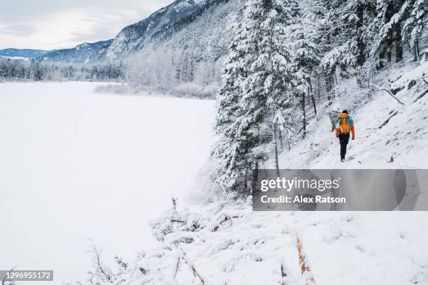 backpacker walks through the snow along the shore of a a frozen lake - kamloops fotografías e imágenes de stock