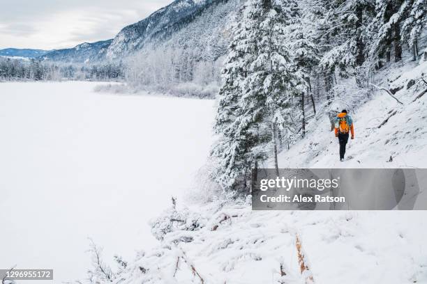 backpacker walks through the snow along the shore of a a frozen lake - kamloops stock pictures, royalty-free photos & images