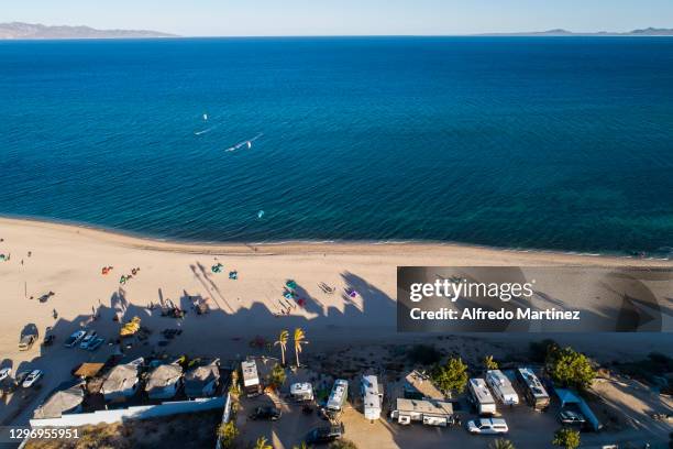 Aerial view of the beach during a day amid Covid-19 pandemic at Playa La Ventana on January 16, 2021 in La Paz, Mexico. Northern state of Baja...