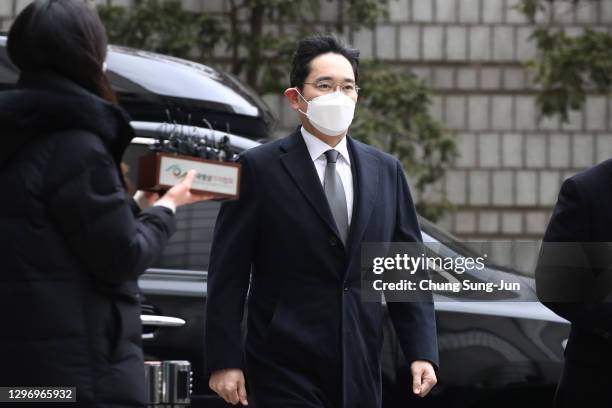 Jay Y. Lee, vice chairman of Samsung, arrives at the Seoul Central District Court on January 18, 2021 in Seoul, South Korea. An appellate court will...