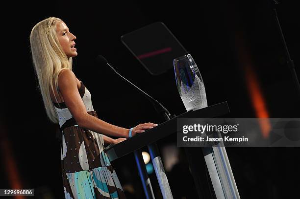 Winter Vinecki accepts the Annika Inspiration award onstage during the 32nd Annual Salute To Women In Sports Gala at Cipriani Wall Street on October...