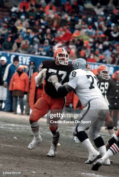 Lyle Alzado of the Cleveland Browns fights off the block of Art Shell of the Oakland Raiders during the AFC Divisional Playoff game January 4, 1981...