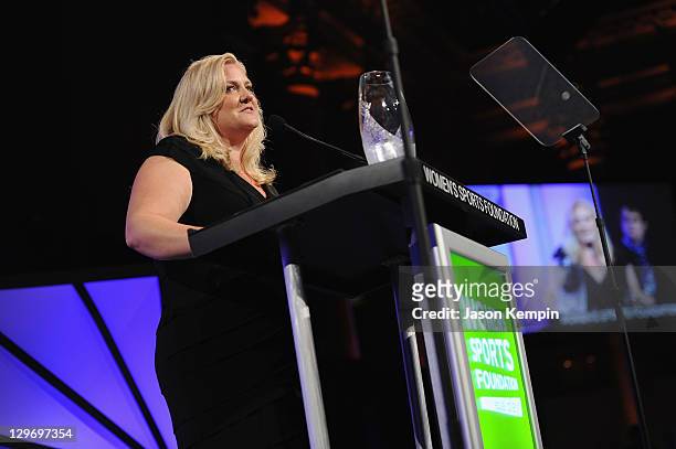Lori Goehring from VISA wins the Billie Jean King Cntributiuon award during the 32nd Annual Salute To Women In Sports Gala at Cipriani Wall Street on...