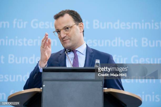 Health Minister Jens Spahn speaks during a press conference on January 18, 2021 in Berlin, Germany. The laboratories will be obliged to sequence...
