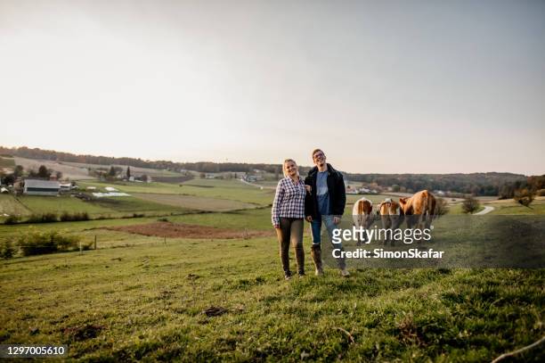 jóvenes agricultores con ganado - farm couple fotografías e imágenes de stock