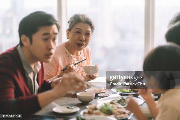 asiatische chinesische familie beim wiedersehen abendessen während des chinesischen neujahr zu hause - 30 year old female stock-fotos und bilder