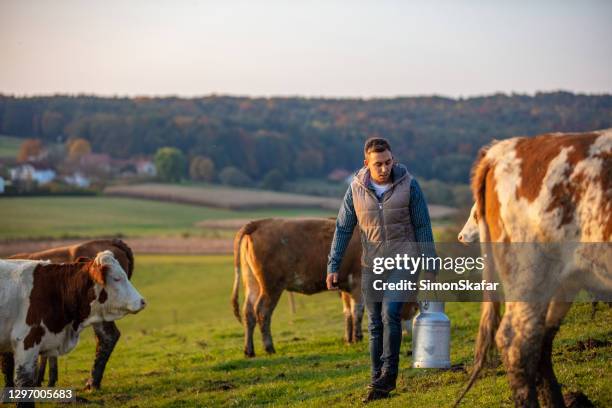 jonge mens die met melkbus in zijn hand loopt - wei zuivel stockfoto's en -beelden