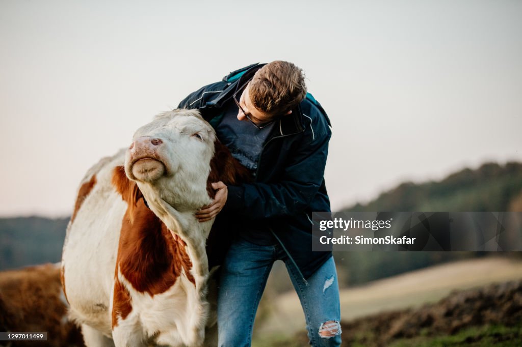 Portret van een mannelijke landbouwer die zich op zijn melkveebedrijf bevindt