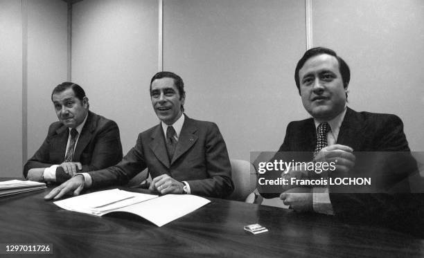 French Gaullist politicians Charles Pasqua , Yves Guéna and Jean Tibéri at the headquarters of the Rally for the Republic party in Paris, 4th January...