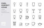 Glass line icon set. Drink glassware type - beer mug, whiskey shot, wineglass, teapot minimal vector illustration. Simple outline sign of cocktail, beverage. 30x30 Pixel Perfect, Editable Stroke