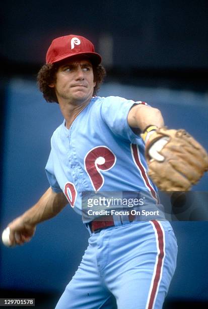 Shortstop Larry Bowa of the Philadelphia Phillies sets to make a throw to first base during an Major League Baseball game circa 1978. Bowa played for...