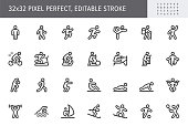 Sport people flat icons. Vector illustration with minimal icon - exercise, yoga, active man, treadmill, fitness, aerobic, snowboard, treadmill, simple pictogram. 32x32 Pixel Perfect