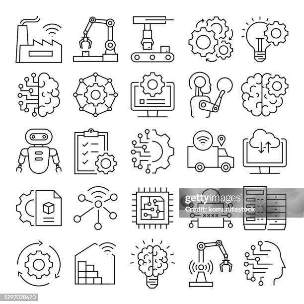 ilustraciones, imágenes clip art, dibujos animados e iconos de stock de iconos de línea vectorial relacionados con la industria 4.0. símbolo de esquema perfecto de píxel - robot