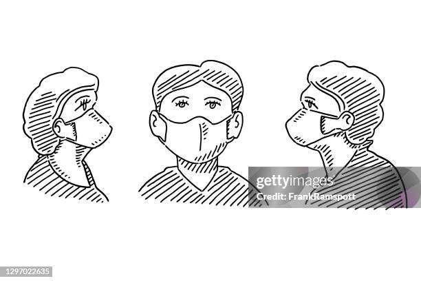 Direct Observation Mask Drawing Womans Face Wearing Mask Three Views Drawing High-Res Vector Graphic ...