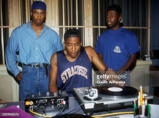 Ali Shaheed Muhammad, Phife Dawg and Q-Tip of the hip hop group "A Tribe Called Quest" work in the recording studio on September 10, 1991 in New York...