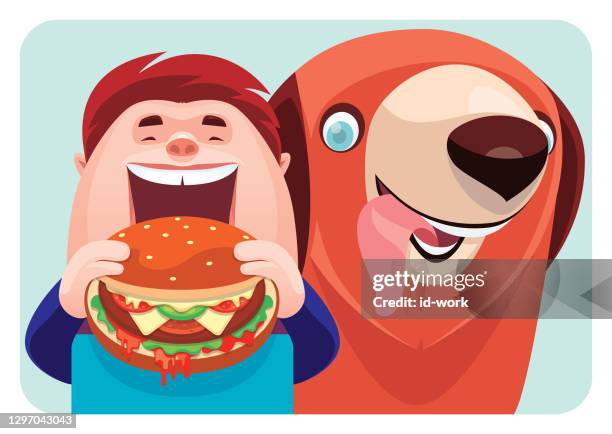 illustrazioni stock, clip art, cartoni animati e icone di tendenza di ragazzo che mangia hamburger con cane - funny burger vector