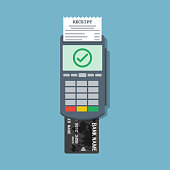bank credit or debit card with pos terminal, successful payment flat vector illustration