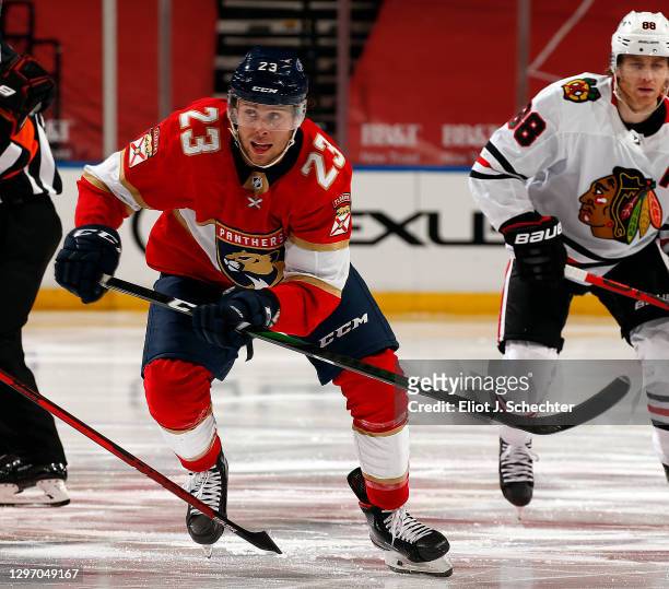 Carter Verhaeghe of the Florida Panthers skates for position against the Chicago Blackhawks at the BB&T Center on January17, 2021 in Sunrise, Florida.