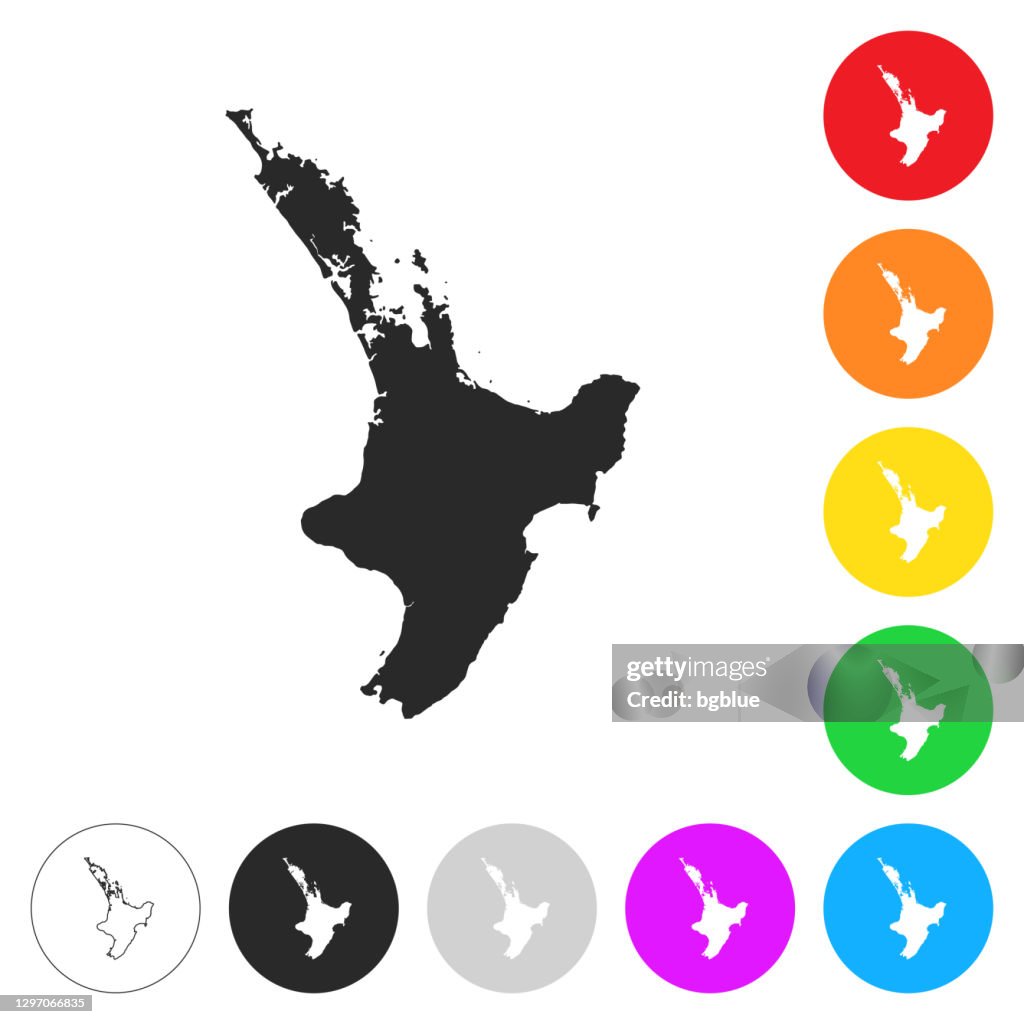 North Island map - Flat icons on different color buttons