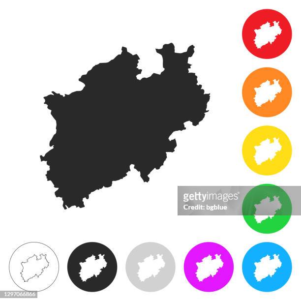 illustrazioni stock, clip art, cartoni animati e icone di tendenza di mappa nord reno-westfalia - icone piatte su diversi pulsanti di colore - north rhine westphalia