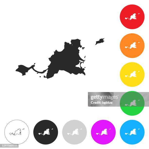 saint-martin map - flat icons on different color buttons - marigot stock illustrations