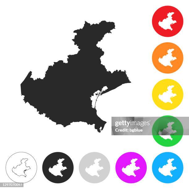 stockillustraties, clipart, cartoons en iconen met veneto kaart - platte pictogrammen op verschillende kleurenknoppen - veneto