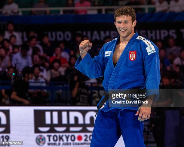 Nemanja Majdov of Serbia celebrates defeating 2014 World finalist, Krisztian Toth of Hungary to win the u90kg bronze medal during the 2019 Tokyo...