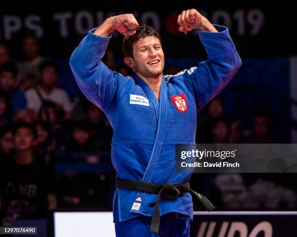 Nemanja Majdov of Serbia celebrates defeating 2014 World finalist, Krisztian Toth of Hungary to win the u90kg bronze medal during the 2019 Tokyo...