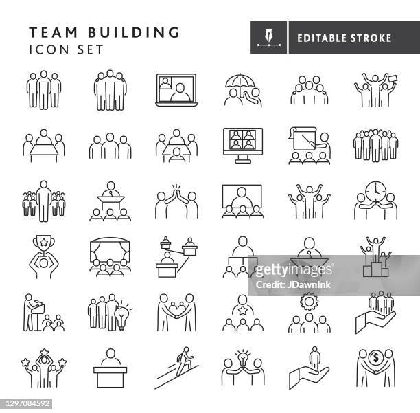 ilustraciones, imágenes clip art, dibujos animados e iconos de stock de business team building estilo de línea delgada - trazo editable gran conjunto de iconos - arm around