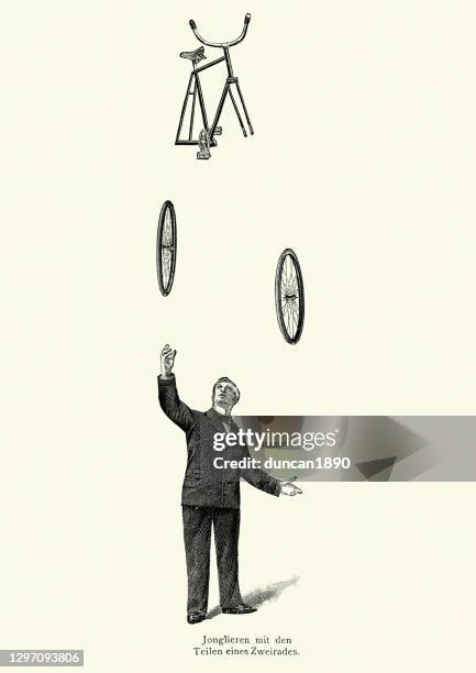man juggling a bicycle, 19th century - juggling stock illustrations
