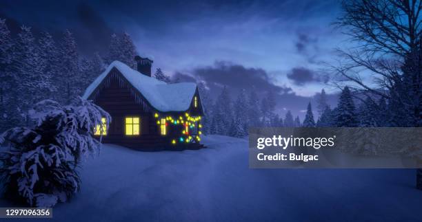 fairy winter landscape - winter cabin stock pictures, royalty-free photos & images