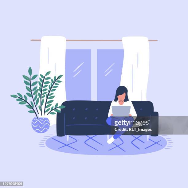 bildbanksillustrationer, clip art samt tecknat material och ikoner med illustration av casual ung person som använder laptop på vardagsrum soffan - using laptop home