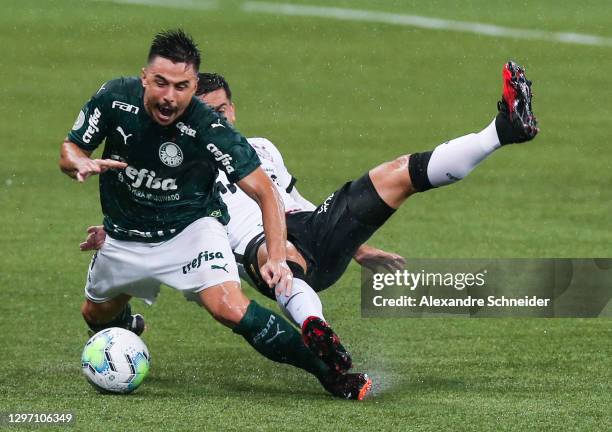 Willian of Palmeiras and Fagner of Corinthians fight for the ball during the match between Palmeiras and Corinthians as part of Brasileirao Series A...