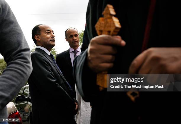 October 2, 2011: Prince Ermias Sahle-Salessie, left, is seen outside the Hamere Noah Kidane Miheret Ethiopian Orthodox Tewahido Church along with his...