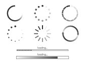 Loading bar set on white backdrop. Progress round icons. Circle and line visualization. Download status collection. Web page load elements. Vector illustration