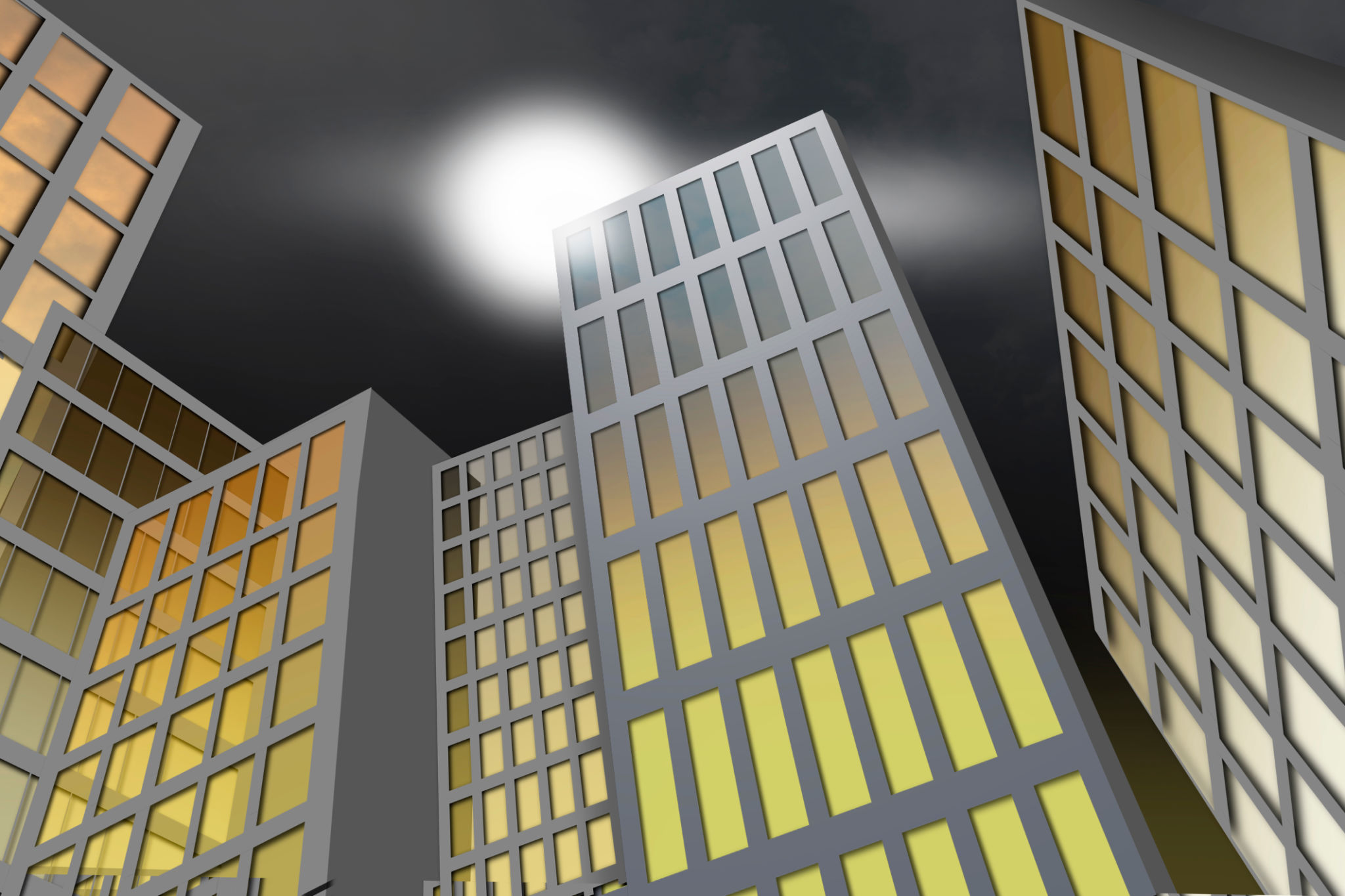 Glass facades of modern office buildings on dark sky Glass facades of modern office buildings on dark sky