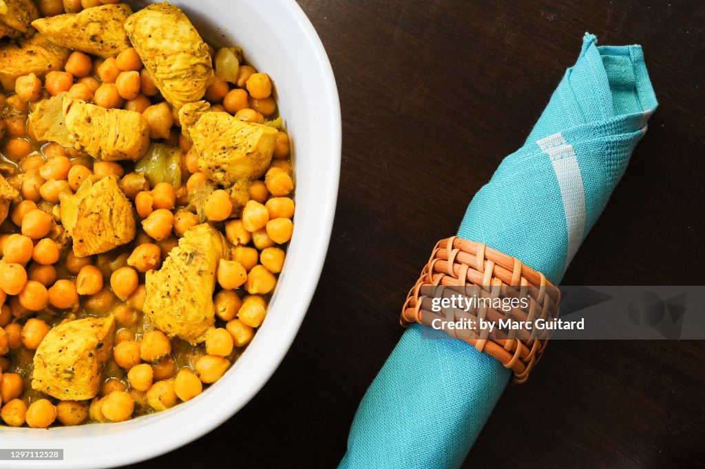 Indian style chicken curry with chickpeas.