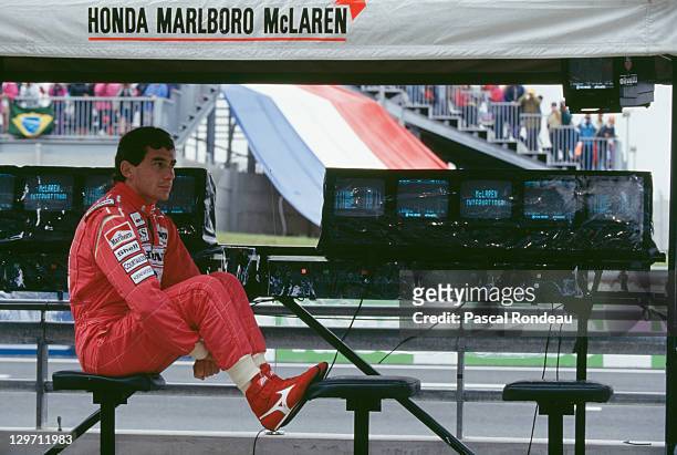 Brazilian racing driver Ayrton Senna at the French Grand Prix at the Magny Cours circuit, Paris, 5th July 1992. Senna retired from the race with...