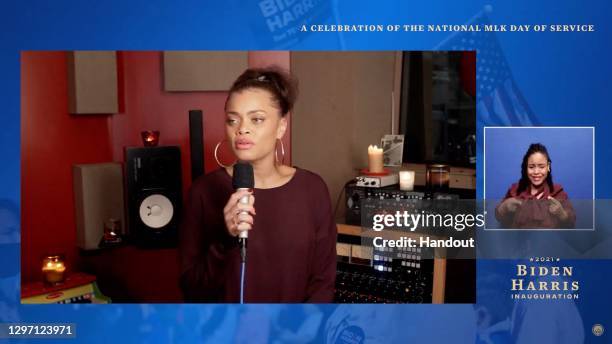 In this screengrab, Andra Day performs during the "United We Serve" a celebration of the national MLK Day of Service on January 18, 2021. The event...