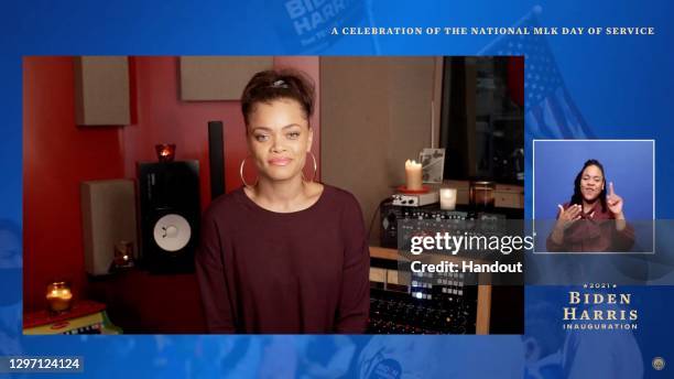 In this screengrab, Andra Day performs during the "United We Serve" a celebration of the national MLK Day of Service on January 18, 2021. The event...