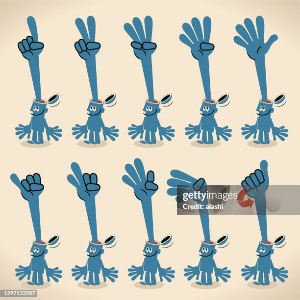 blue man's head opening and a hand stretching out counting on his fingers (numbers 1-10) in british sign language - asian crazy stock illustrations