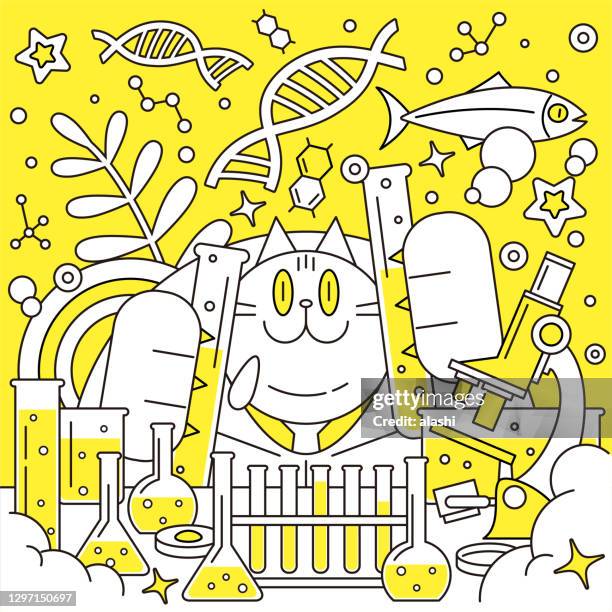 cat scientist (engineer, biochemist) doing scientific experiments in laboratory - genetically modified animals stock illustrations