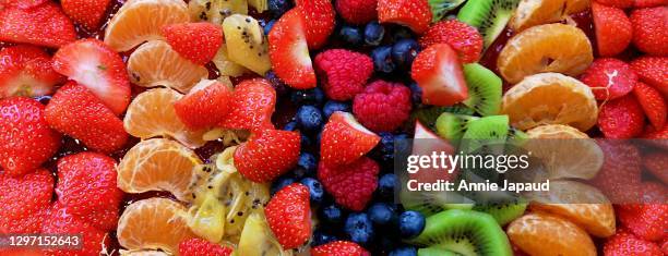 many different berries and fruits sliced and arranged tightly together, food background closeup image - chopped food stock pictures, royalty-free photos & images