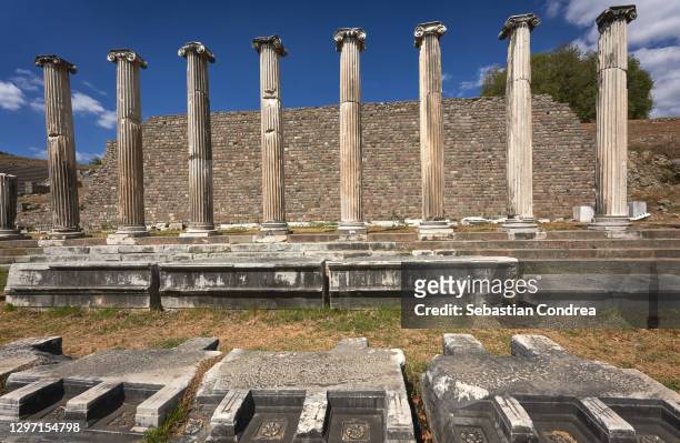 the ancient city of asclepius, the son of apollo, known as the god of health, is the first health center in the world. - pergamon stock-fotos und bilder