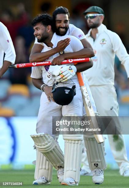 Rishabh Pant of India celebrates victory after day five of the 4th Test Match in the series between Australia and India at The Gabba on January 19,...