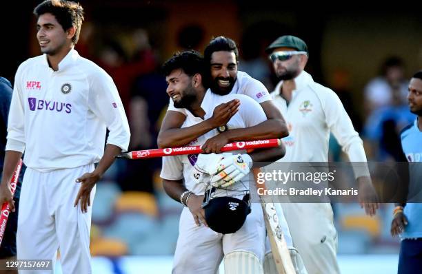 Rishabh Pant of India celebrates victory after day five of the 4th Test Match in the series between Australia and India at The Gabba on January 19,...