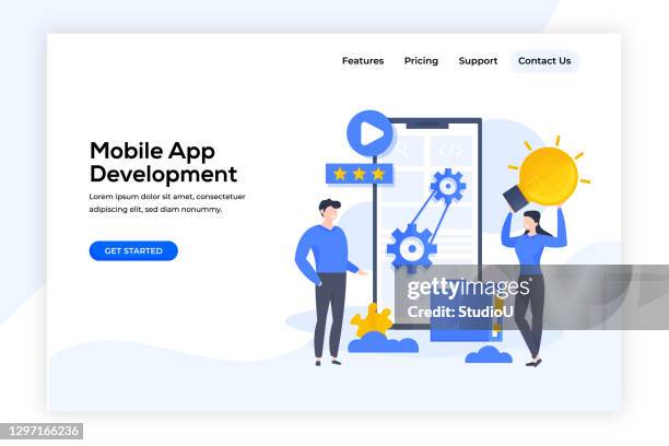 web page design template of mobile app development - computer programming female stock illustrations