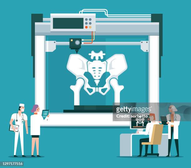 ilustraciones, imágenes clip art, dibujos animados e iconos de stock de concepto de bioimpresora - pelvis humana - impresión por ordenador