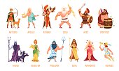 Greek gods pantheon. Mythological olympian gods, ancient Greece religion women and men characters with names, traditional elements personifications. Cartoon flat style vector set