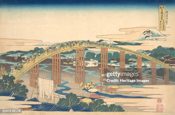 Yahagi Bridge at Okazaki on the Tokaido , from the series Remarkable Views of Bridges in Various Provinces , circa 1830. Artist Hokusai.